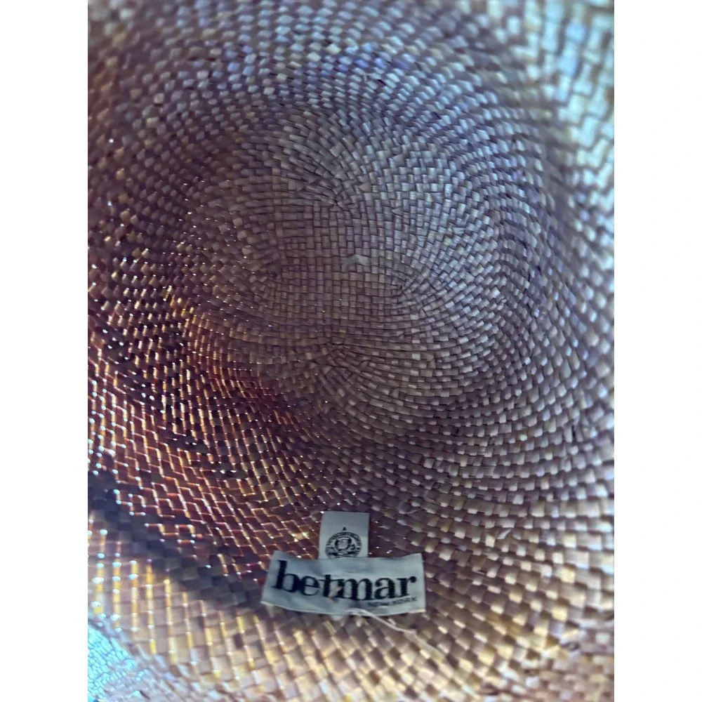 Betmar New York Iridescent Woven Straw Wide Brim Sun Hat Purple Ribbon Accent
